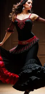 Flamenco dancer in black and red dress, elegantly posed in motion.