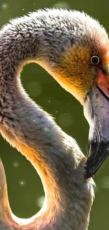 Close-up of a graceful flamingo with a dark green background.