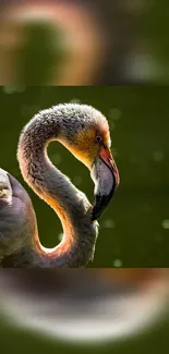 Close-up of an elegant flamingo with a deep green background.