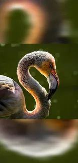 Elegant flamingo against dark green background.