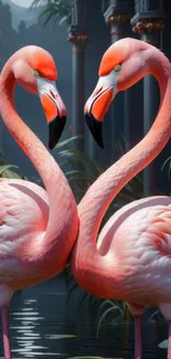 Elegant flamingos in a serene tropical setting, ideal for a phone wallpaper.