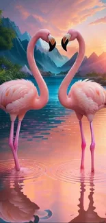 Two flamingos at sunset by a lake with mountains and vibrant sky.