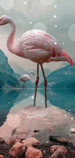 Flamingos standing in a tranquil lake surrounded by mountains, under a calm blue sky.