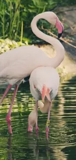 Two elegant flamingos standing by a lush pond.