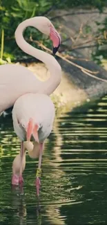 Two elegant flamingos by a serene water body, reflected gracefully in nature.