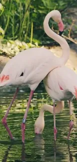 Two flamingos gracefully standing in water with a natural backdrop.