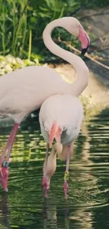 Two graceful flamingos wading in a serene pond, reflecting natural beauty.