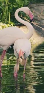 Two elegant flamingos wading in a tranquil, lush setting.