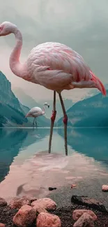 Pink flamingos wade in a lake with mountains in the background, creating a serene scene.