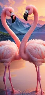 Two pink flamingos with a sunset backdrop.