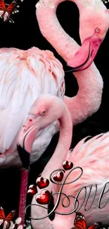 Pink flamingos with love accents on a dark mobile wallpaper.