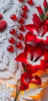 Elegant wallpaper with red flowers, berries, and white foliage.