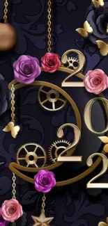 Elegant 2022 wallpaper with gold gears, vibrant roses, and butterfly accents.