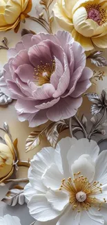 Elegant 3D floral wallpaper with pastel blossoms.