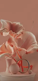 3D floral sculpture on peach background wallpaper.