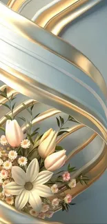 Elegant 3D floral wallpaper with golden ribbons.