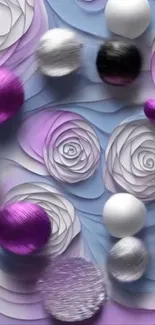 Elegant 3D floral wallpaper with rose patterns and colorful spheres.