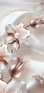 Elegant 3D floral wallpaper with cream and bronze hues on silk background.