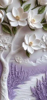 3D floral wallpaper with white blossoms and purple accents.