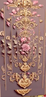 Elegant 3D floral wallpaper with gold and pink rose accents