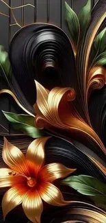 Abstract floral wallpaper with gold and green accents on black background.