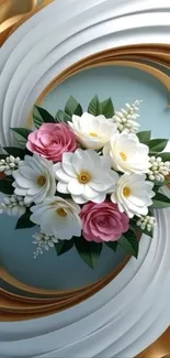 Elegant floral abstract wallpaper with gold accents and blossoms.