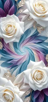 Elegant floral wallpaper with white roses and purple leaves.