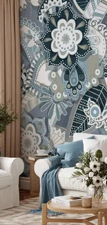 Elegant abstract floral wallpaper with intricate blue-gray patterns.