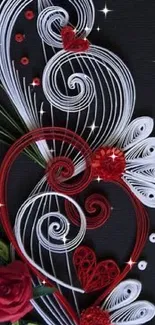 Elegant red and white floral abstract design on a dark background.