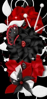 Elegant floral abstract design in red, black, and white.