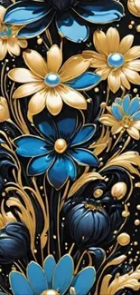Elegant floral wallpaper with blue and gold abstract flowers.