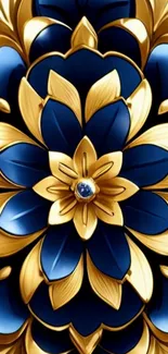 Elegant blue and gold floral abstract wallpaper.