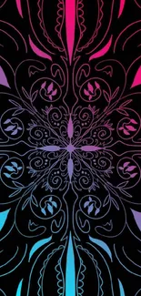 Elegant floral abstract wallpaper with vibrant blue, purple, and pink hues on black.