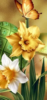 Golden butterfly and daffodil floral art with ornate Easter eggs.