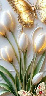 Elegant 3D floral design with golden butterflies on a wallpaper background.