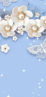 Elegant wallpaper with white flowers and lace butterflies on a blue background.