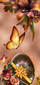 Elegant floral and butterfly wallpaper with copper and orange hues.