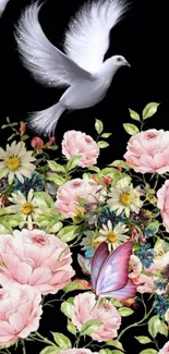 Elegant floral wallpaper with roses and doves.