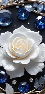 Elegant wallpaper with a white rose and blue gems.