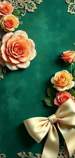 Elegant roses and ribbon on green background mobile wallpaper.