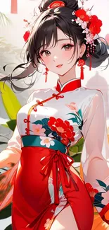 Anime character in elegant floral attire with red and white colors.