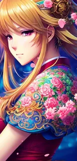 Elegant anime character with floral background in vibrant colors.