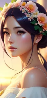 Anime girl with floral headpiece on a sunset background.