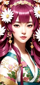 Anime character with floral designs and daisies in rich red violet tones.