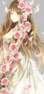 Anime girl with pink roses and butterflies in a light gray background.