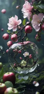 Elegant mobile wallpaper with apples and pink flowers in a glass globe.