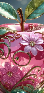Pink floral apple with decorative metallic elements.