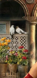 Elegant archway with flowers and doves in a serene setting.