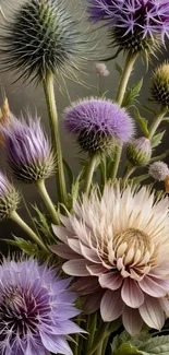 Intricate thistles and blooms in a vibrant floral wallpaper.