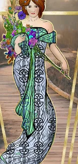 Art Deco wallpaper with elegant floral woman on a rustic path.